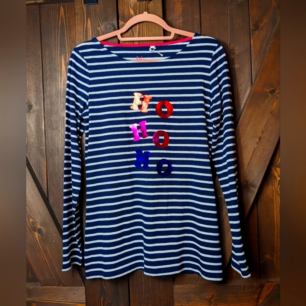 Boden Striped Christmas Long Sleeve Tee "Ho Ho Ho" Size 8 NWOT